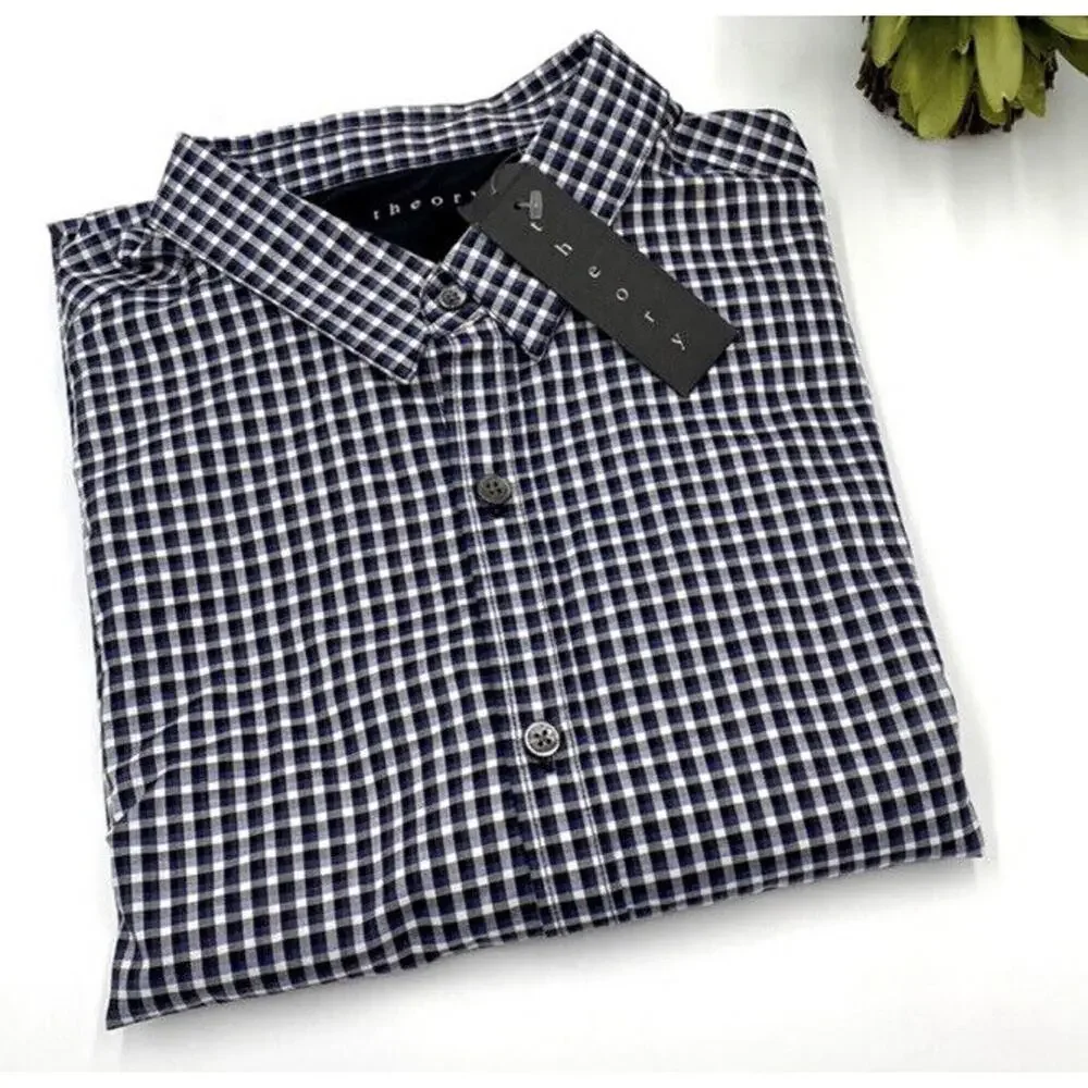 Theory Zach PS‎ Delridge Button Cotton Shirt XL Long Sleeve Blue Black Plaid New